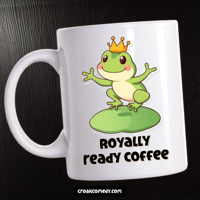 Funny happy frog mug depicting a crowned amphibian joyfully leaping onto a lily pad.