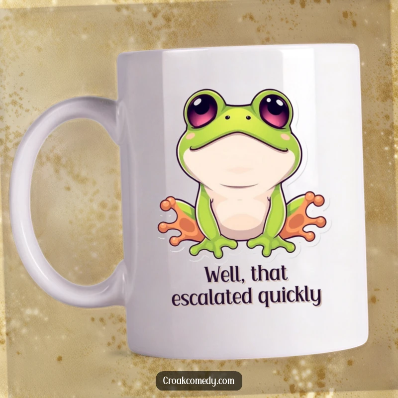 Funny surprised frog mug featuring a wide-eyed amphibian looking upwards in comical shock and disbelief.