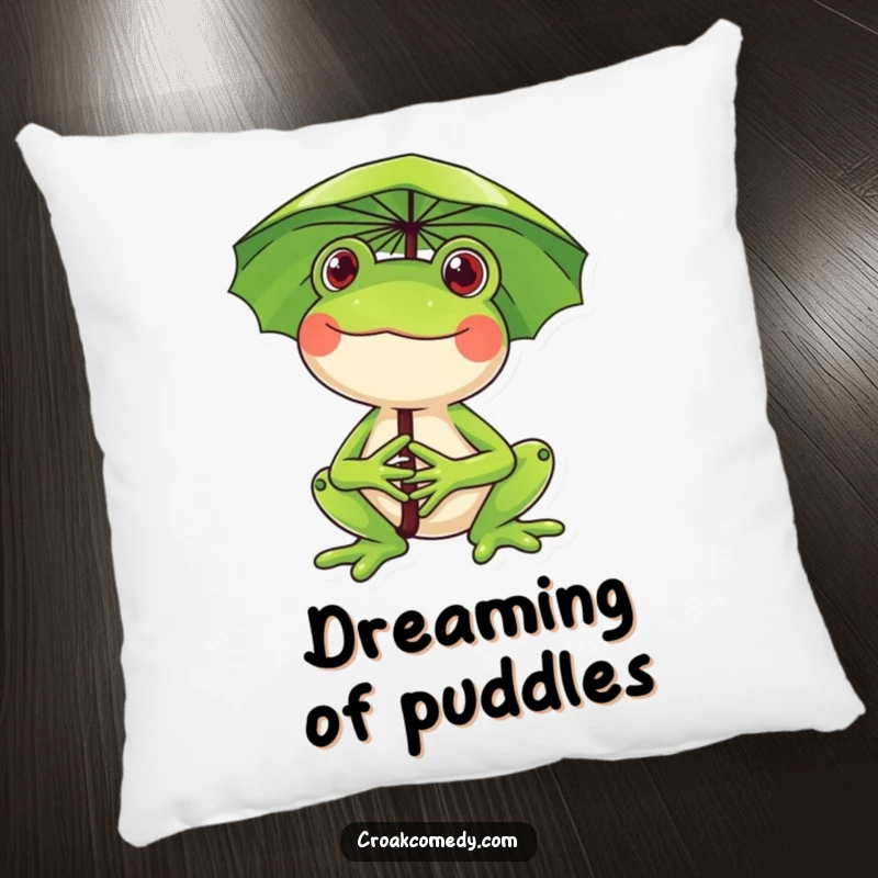 Funny frog pillow, a happy frog with a lily pad umbrella, soft and huggable decor for whimsical fun.