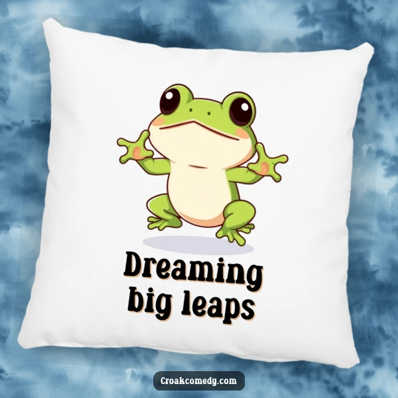 Funny Frog Pillow featuring an eager frog winking, poised to jump, offering plush comfort and a humorous, dynamic presence.