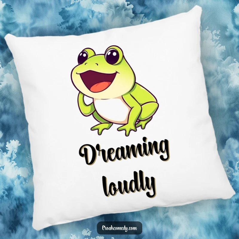 Funny Frog Pillow featuring a happy frog with mouth open, joyfully croaking, soft and humorous decor.