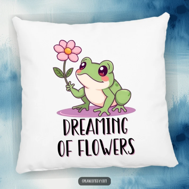 Funny frog with a determined gaze reaching for a floating flower, a soft and humorous pillow for supportive comfort.
