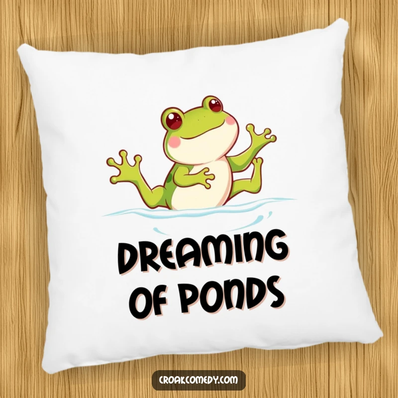 Funny frog pillow with a happy frog kicking legs as if swimming, adding a touch of whimsical comfort and playful decor.
