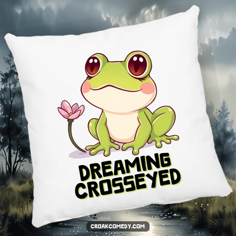 Funny Frog Pillow: A soft cushion with a crossed-eyed frog fixated on a petal, bringing humorous comfort.