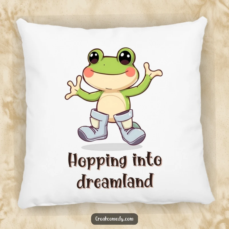Funny frog pillow, oversized boots, joyful hopping, cozy amphibian cushion, nature-themed decor, cute cartoon accessory.