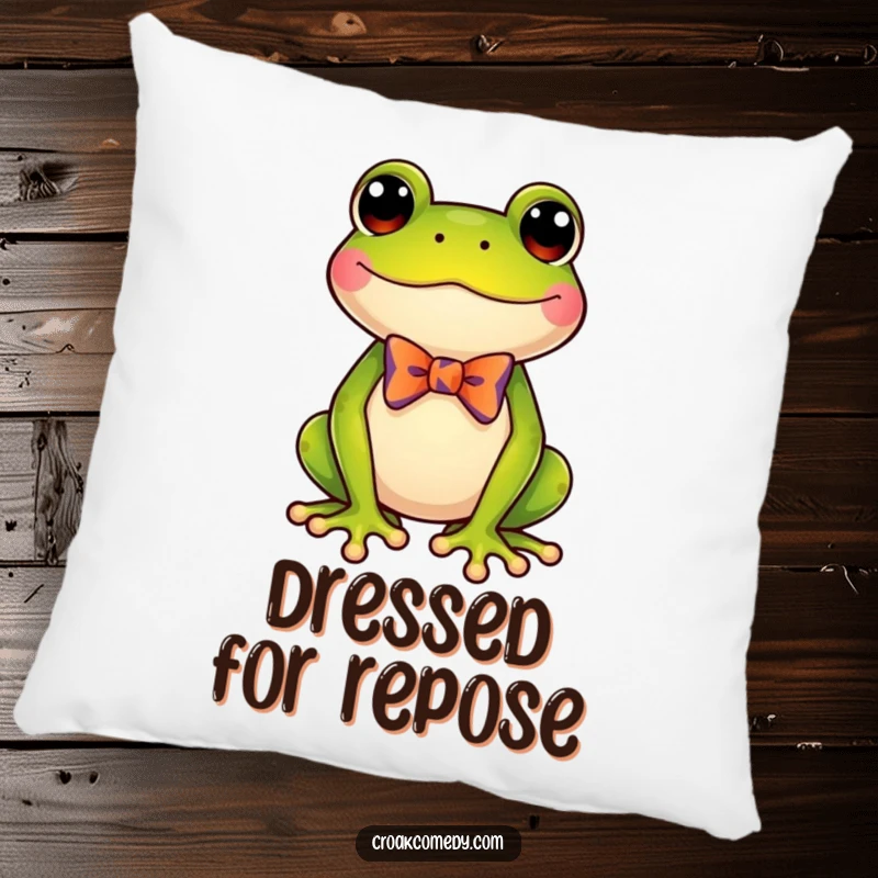 Funny, delighted frog sporting a tiny bow tie, featured on a soft, decorative pillow for ultimate comfort and humor.