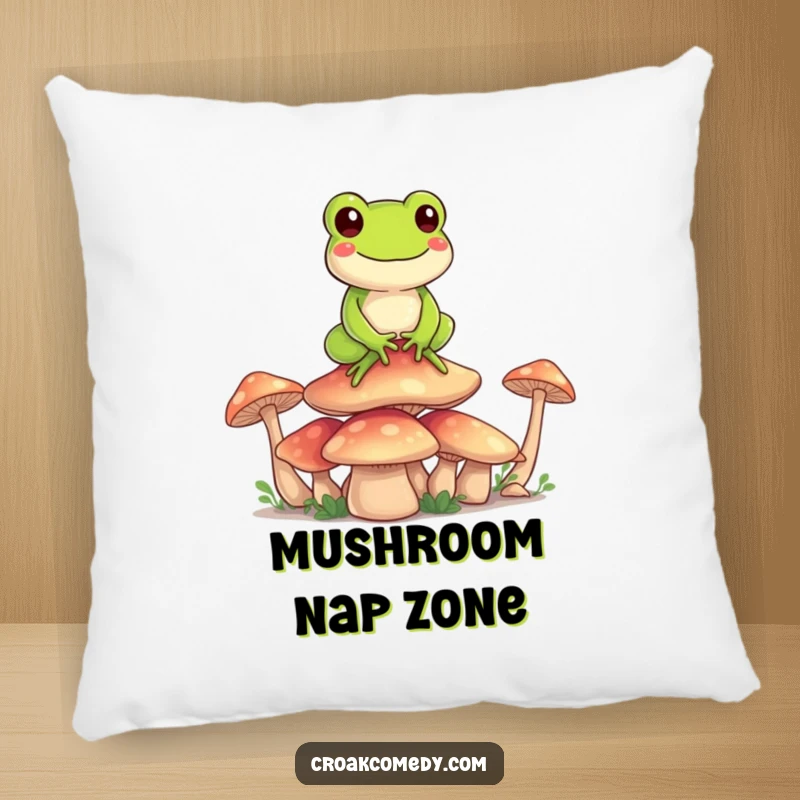 Funny Frog Pillow: A happy cartoon frog balancing on a stack of mushrooms, a soft and humorous decorative accent.