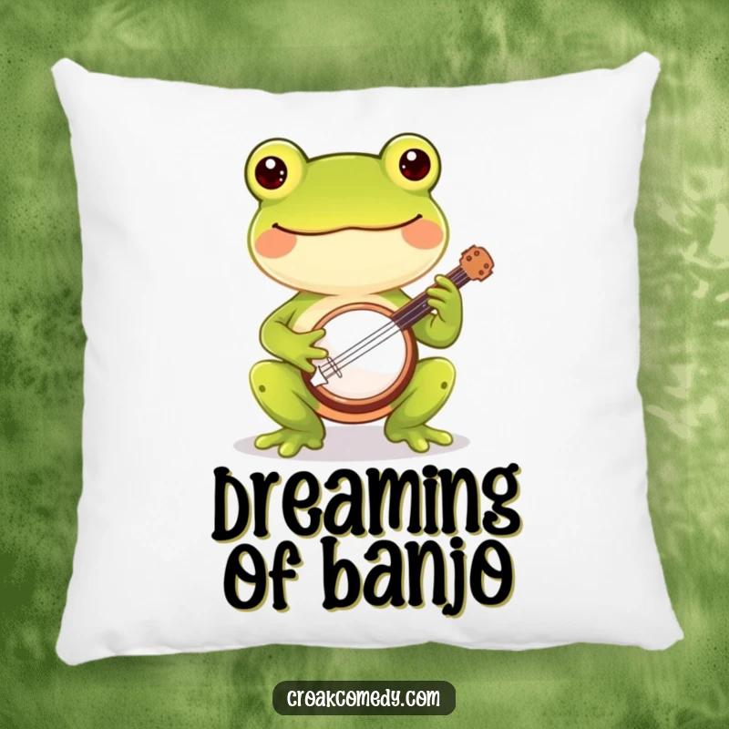 Funny frog pillow featuring a cheerful frog playing a banjo, designed for humorous comfort and musical joy.