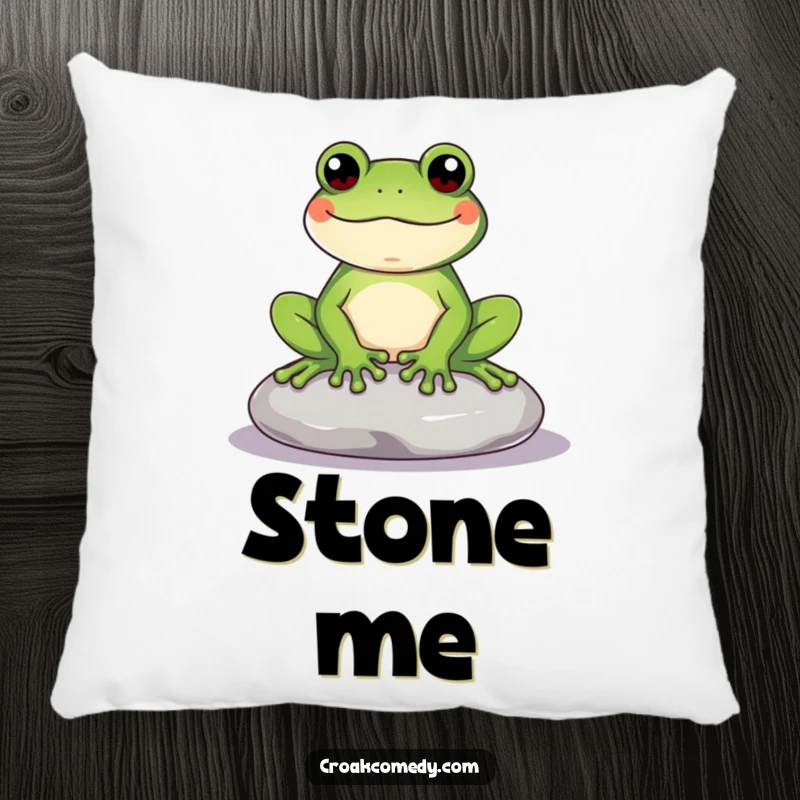 Funny Frog Pillow featuring a content frog sitting on a stone, offering plush comfort and a humorous, serene addition to any seating area.