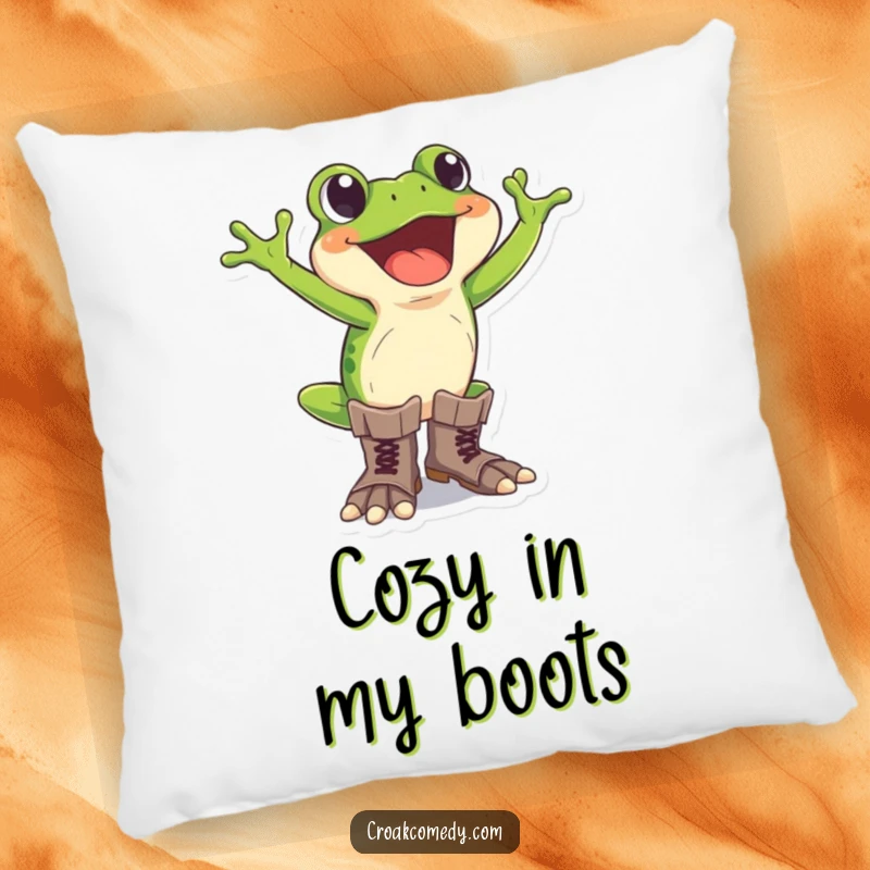 Funny frog pillow featuring an excited frog wearing oversized boots, designed for humorous comfort and adventure.