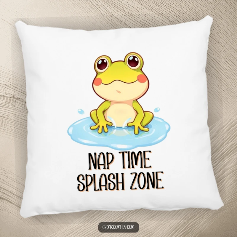 Funny Frog Pillow: A playful frog character enjoying a splash in a bright blue puddle, a soft and happy accent.