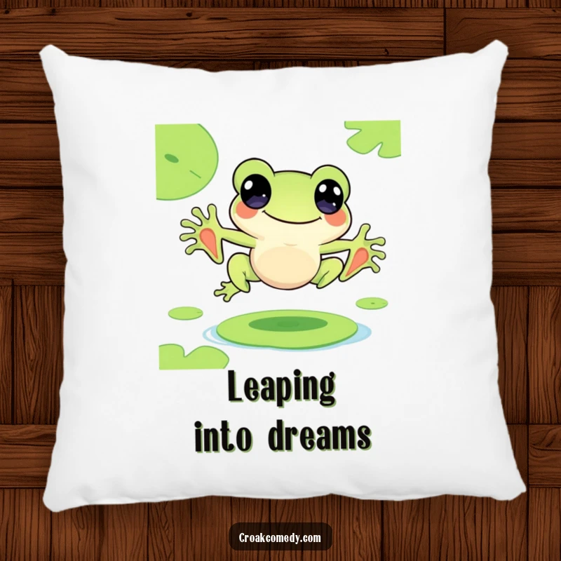 Funny pillow featuring a cute frog character joyfully leaping from lily pad to lily pad, for comfort.
