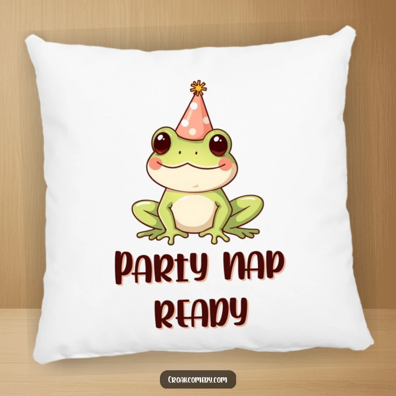 Funny Pillow featuring a happy frog wearing a tiny party hat, offering plush comfort and a splash of festive, humorous celebration.