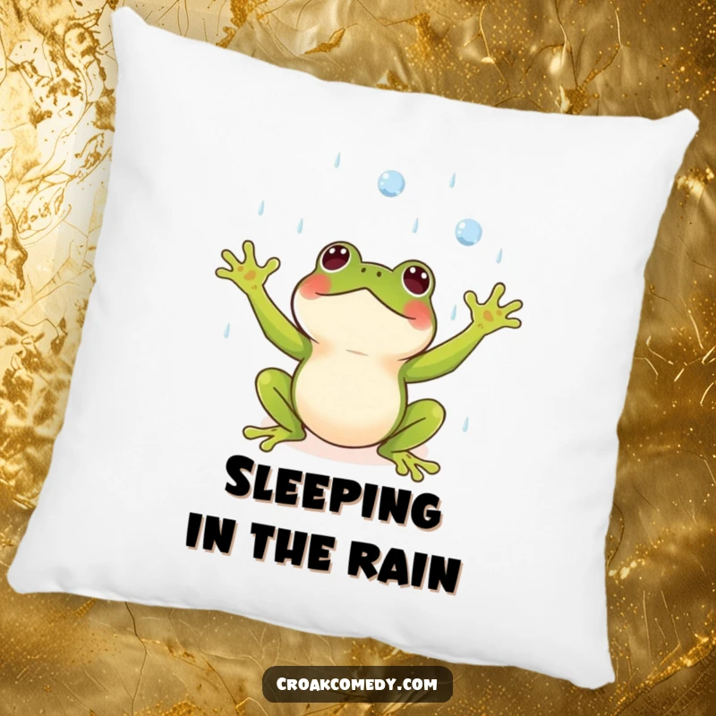 Funny pillow featuring a small frog with arms outstretched, joyfully catching raindrops, for comfort.