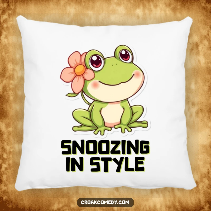 Funny happy frog pillow featuring a smiling amphibian with a flower behind its ear, perfect for cozy vibes.