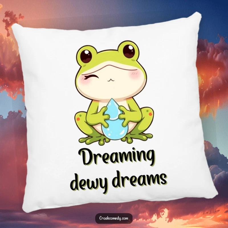 Funny pillow depicting a winking frog holding a dewdrop, designed for comfort and a touch of playful decor.