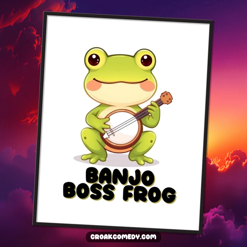 Funny digital art print of a cheerful frog happily playing a banjo, bringing musical humor and charm.