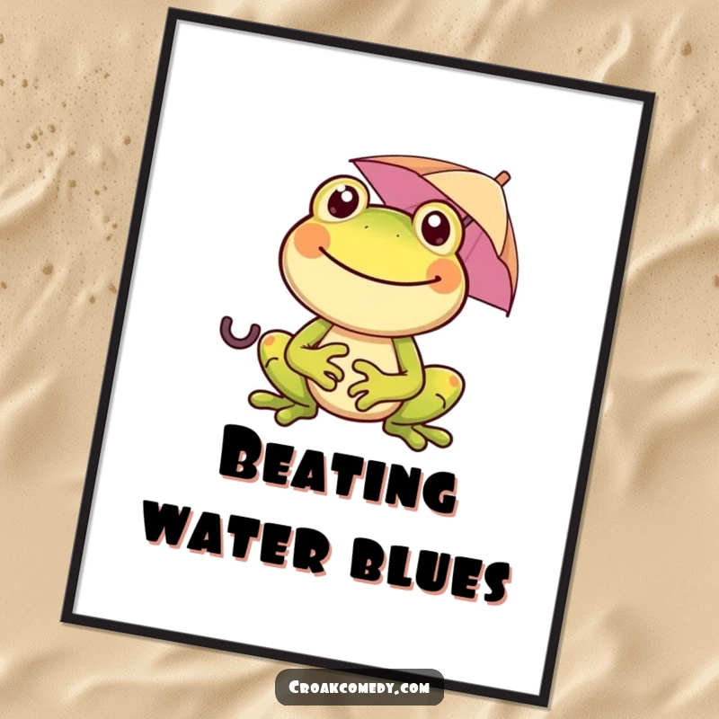 Funny frog with a wide smile, holding a tiny umbrella, as a digital art print, bringing cheerful amphibian humor to your walls.