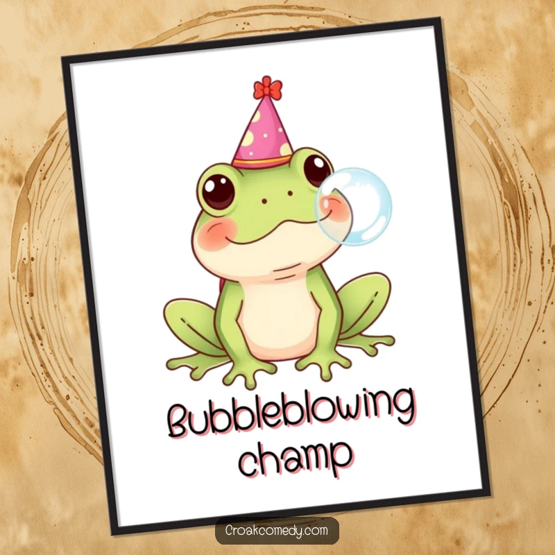 Funny Frog Digital Art Print of a frog wearing a party hat, blowing a bubble, ready to be printed.