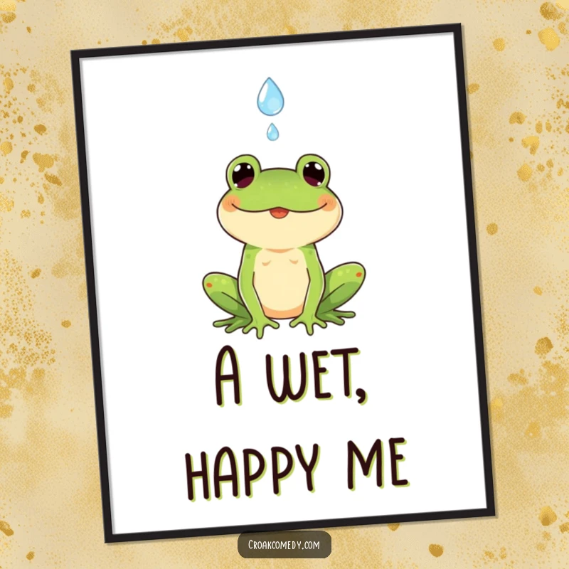 Funny digital art print of a happy frog catching a falling raindrop, radiating joy and perfect for instant home decor.