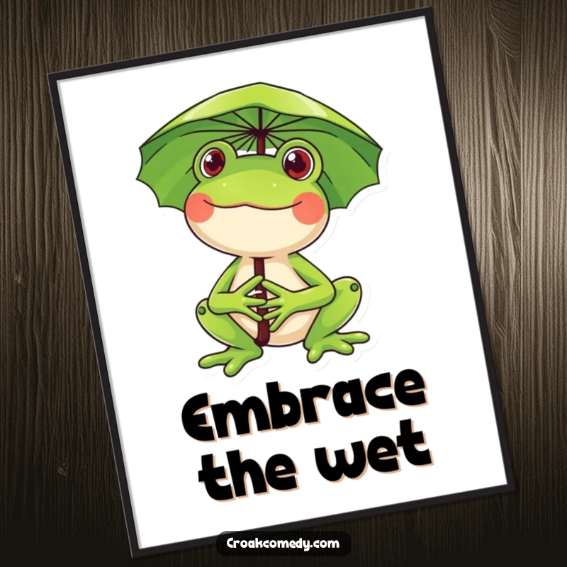 Funny frog digital art print, a happy frog holding a lily pad umbrella, smiling widely, vibrant and whimsical decor.