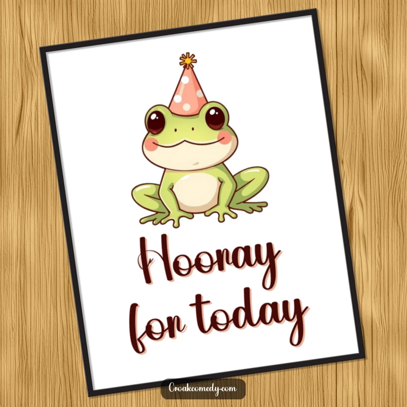 Funny Digital Art Print: A happy frog wearing a tiny party hat, creating a festive and humorous visual for instant wall decor.
