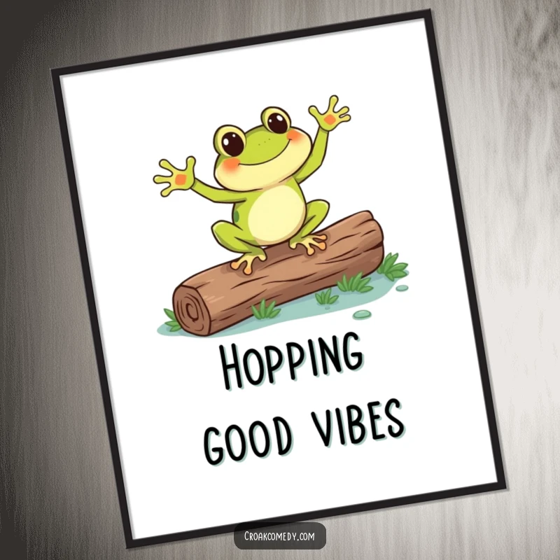 Funny frog performing an energetic dance on a log, a high-resolution digital art print for instant, humorous home decoration.