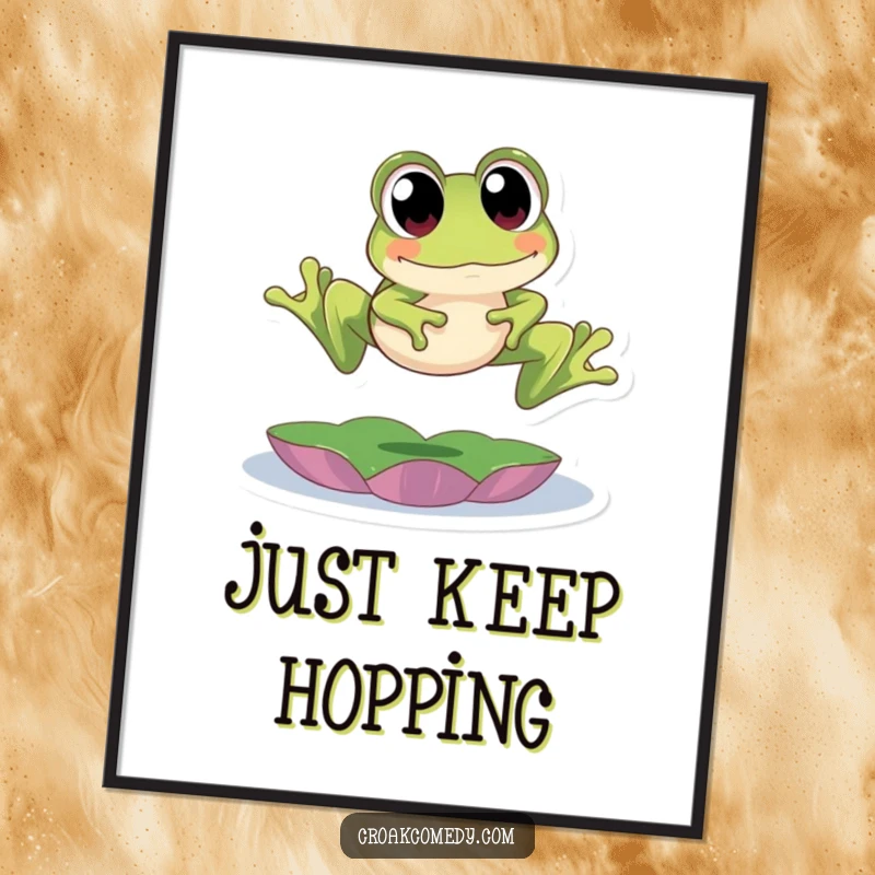 Funny Digital Art Print: A cute frog with big eyes performing a joyful leap over a lily pad, creating a lively and humorous visual.
