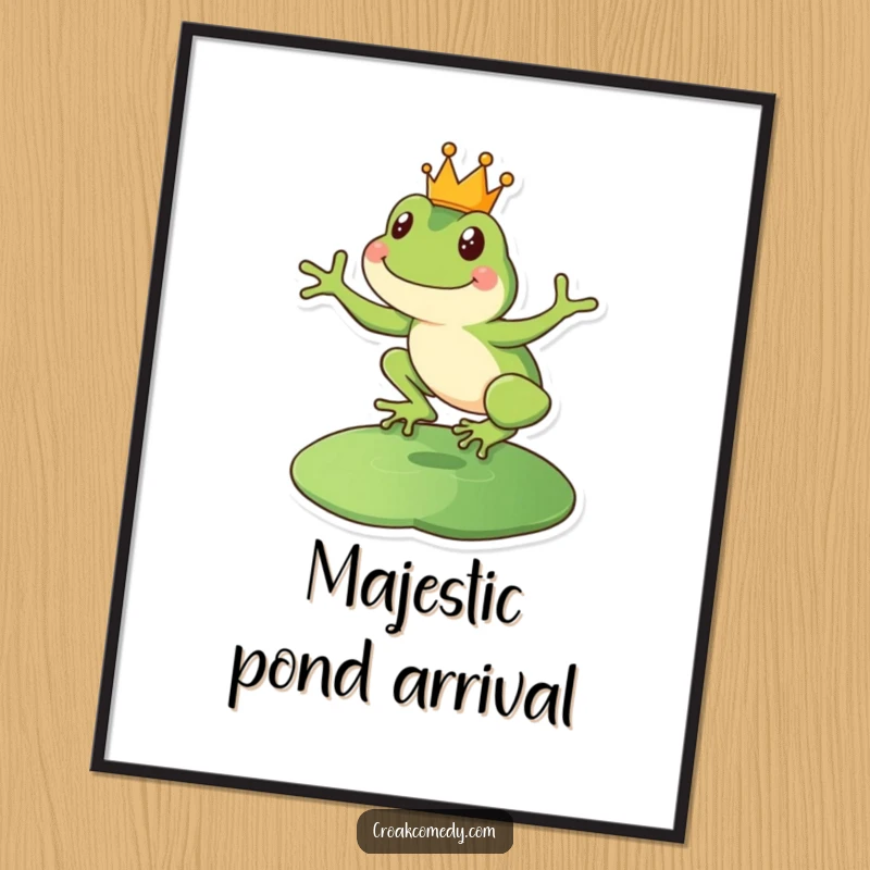 Funny happy frog digital art print, featuring a crowned amphibian leaping onto a lily pad.