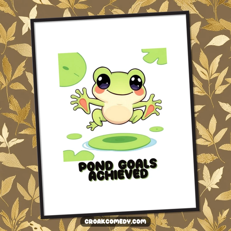 Funny digital art print of a cute frog character joyfully leaping from lily pad to lily pad, for decor.