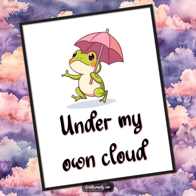 High-resolution digital art print of a funny frog hopping with a small umbrella, ready to bring instant whimsical joy.