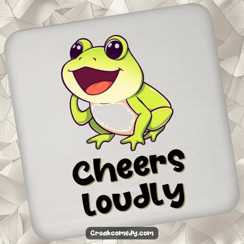 Funny Frog Coaster featuring a happy frog with mouth open, joyfully croaking, protecting surfaces with humor.