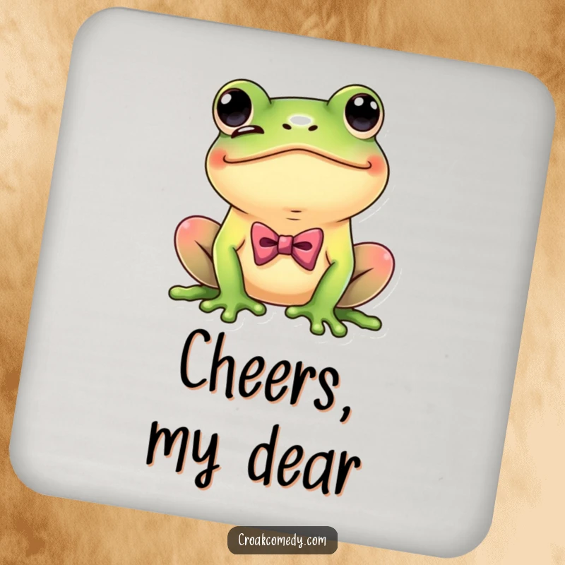 Funny Dapper Frog Coaster featuring a playful frog with a bow tie, winking coyly, protecting surfaces with humor.