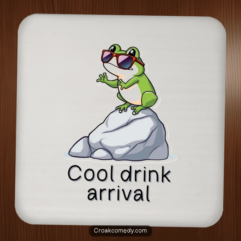 Funny frog wearing sunglasses, balancing on a rock, depicted humorously on this set of protective drink coasters.
