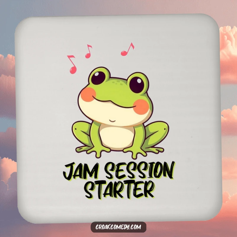 Funny Frog Coaster: A happy frog croaking with musical notes, protecting surfaces with amphibian charm and humor.