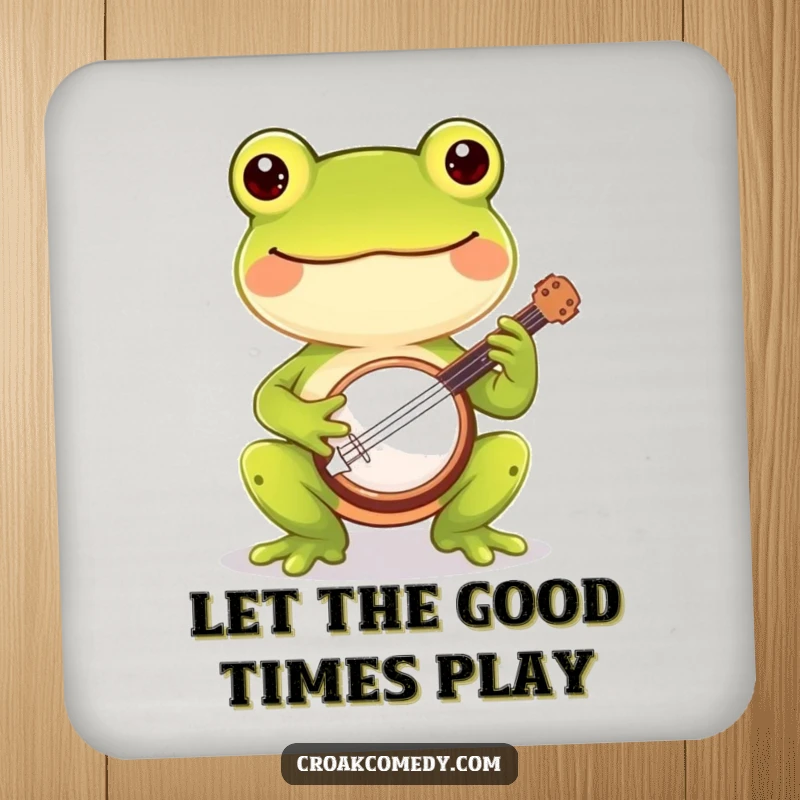 Funny frog coaster featuring a cheerful frog playing a banjo, adding humorous protection to surfaces.
