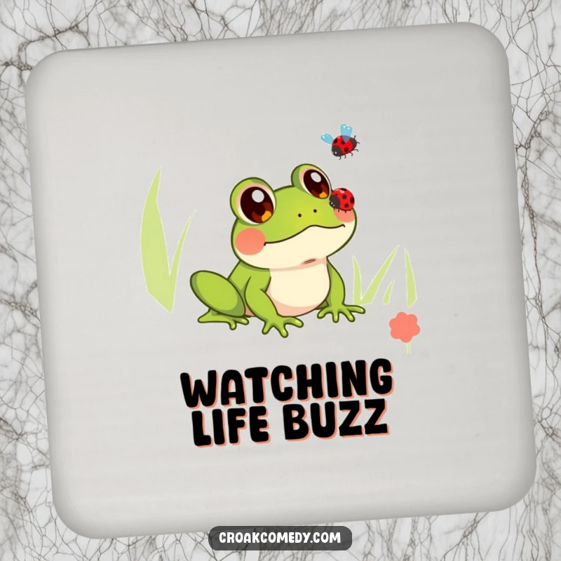 Funny drink coaster featuring a frog with innocent eyes watching a ladybug, providing surface protection with charm.