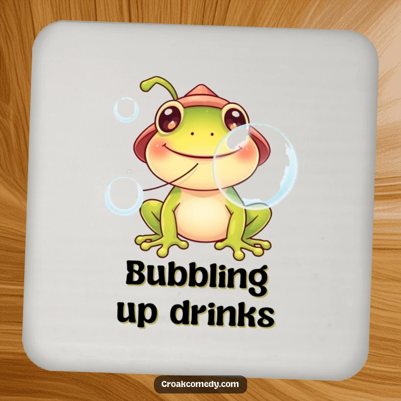 Funny frog drink coaster, wearing a hat, blowing large bubbles, adding playful charm to tabletops.