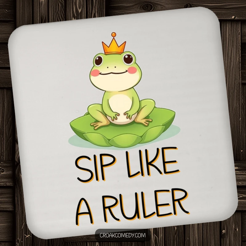 Funny Frog Coaster: A crowned frog majestically riding a lily pad, adding regal humor and protecting surfaces, a funny gift.
