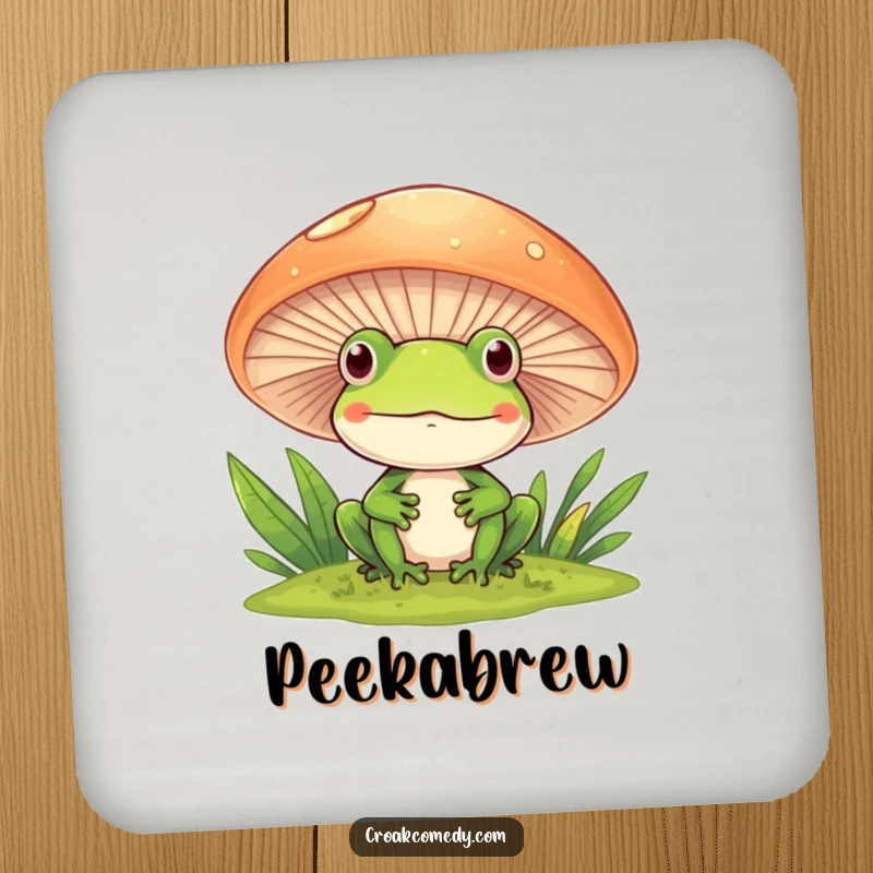 Funny Frog Coaster with a frog peeking from behind a mushroom, adding whimsical charm to any surface.