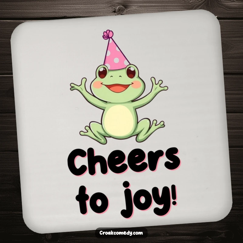 Funny drink coaster featuring a frog in a party hat, joyfully leaping, protecting surfaces with festive charm.