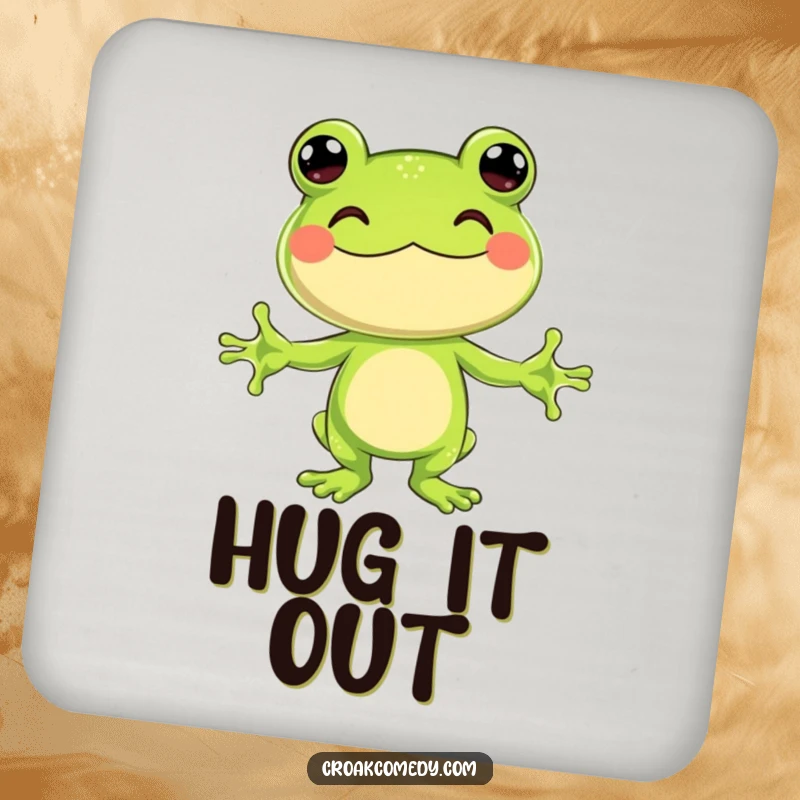 Funny Drink Coaster with a jubilant frog character with arms outstretched, ready for a hug, adding warmth.