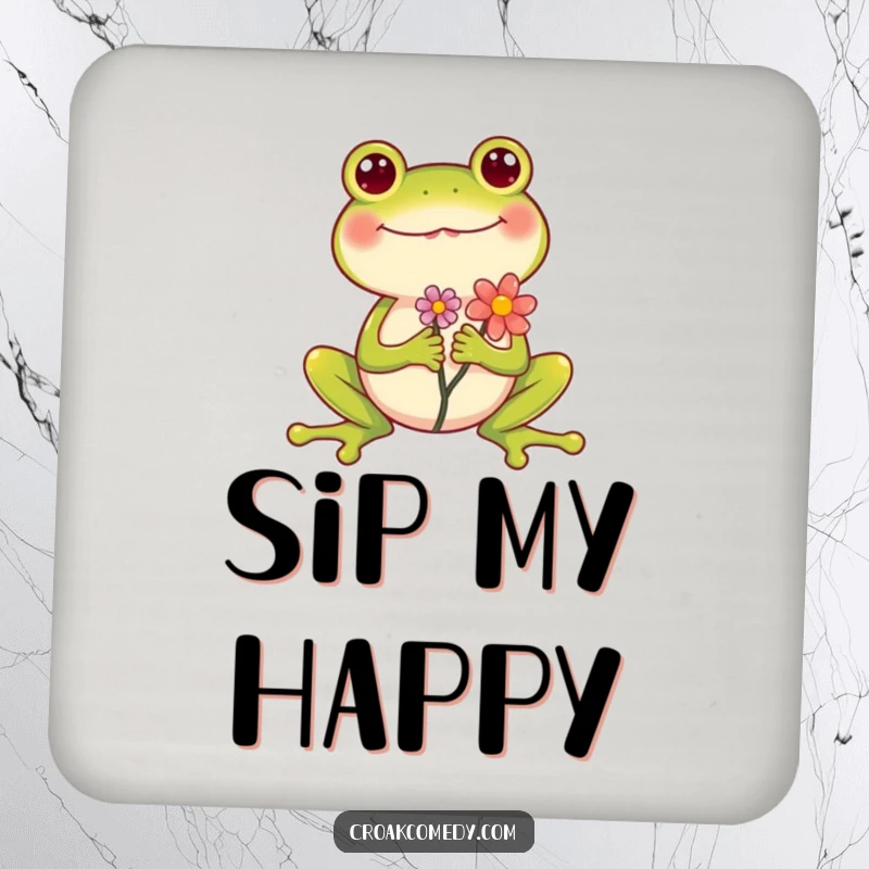 Funny Frog Coaster featuring a cheerful frog holding a flower, legs spread wide in a happy pose, protecting surfaces with humor.