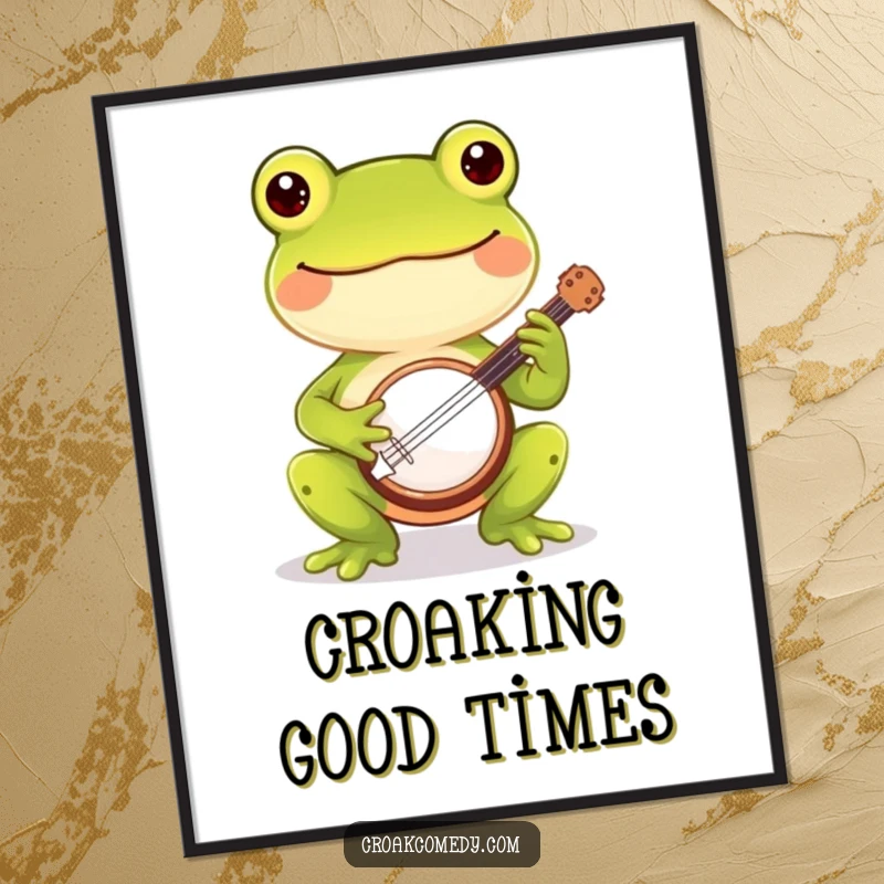 Funny frog poster depicting a cheerful frog happily playing a banjo, bringing musical humor and charm to walls.