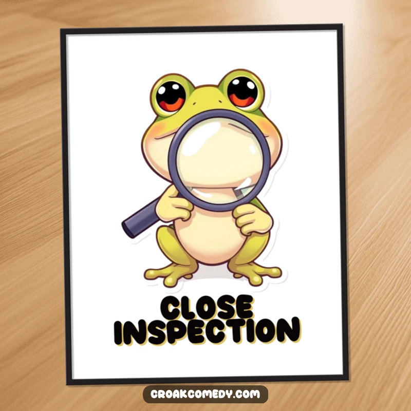 Funny Frog Poster: A curious cartoon frog using a magnifying glass to inspect something small, a humorous piece of art.