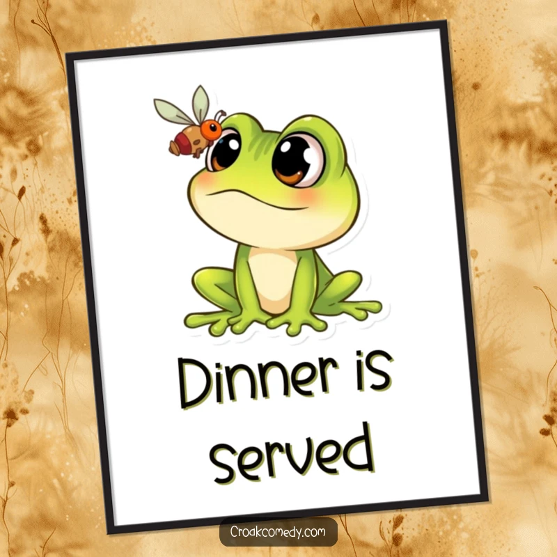 Funny Frog Poster: A cartoon frog with comically wide eyes staring intently at a tiny fly, artistic humor.