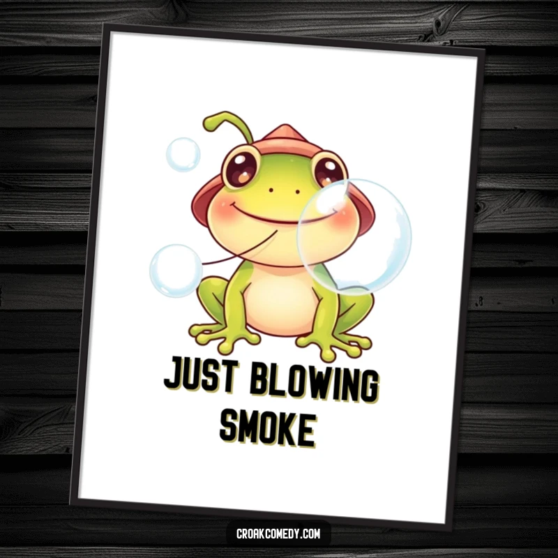 Funny frog poster, wearing a hat, blowing large bubbles, exuding happiness and carefree fun.