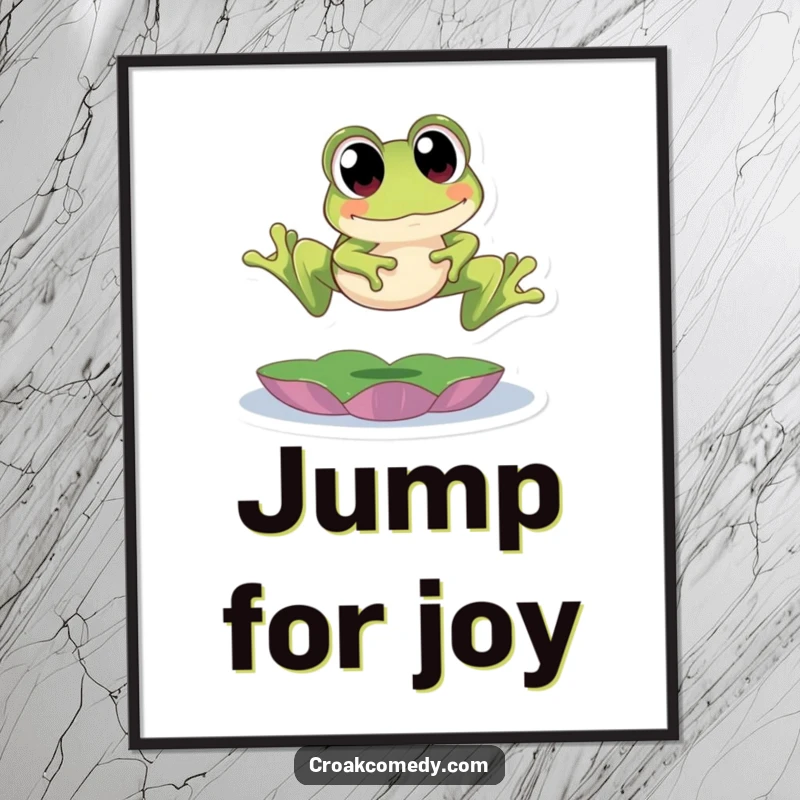 Funny Poster: A delightful illustration of a cute frog with large eyes mid-leap over a lily pad, radiating joy and playful energy.