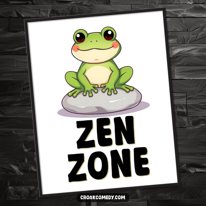 Funny Frog Poster showcasing a content frog on a stone, conveying a humorous sense of peace and effortless relaxation for vibrant wall art.