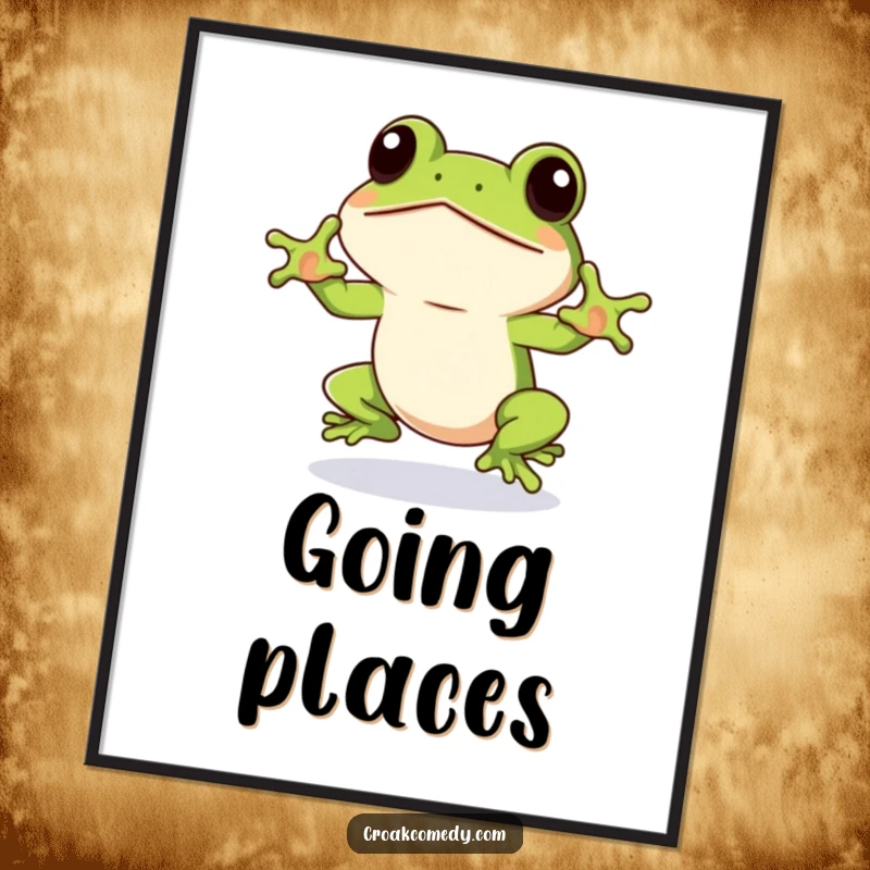 Funny Frog Poster capturing an eager frog winking, launching into a jump, symbolizing motivation and humorous determination for wall art.